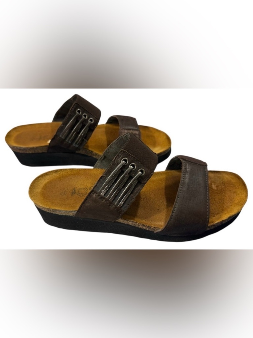 Naot Lena Leather Comfort Two Strap Slide Sandals EU 37 Cork Footbed Casual